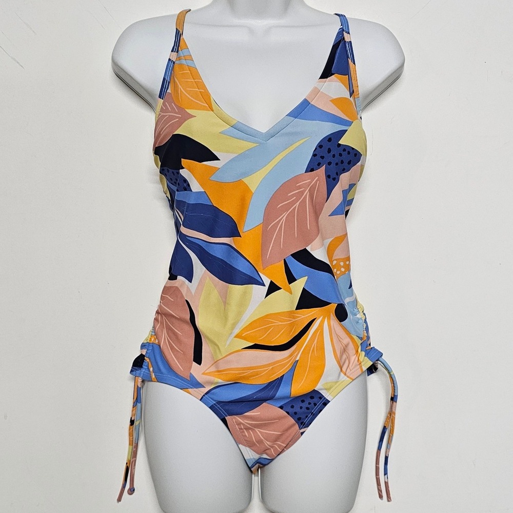 Kona Sol Womens Tropical Leaf Print Side Tie One Piece Swimsuit Blue Orange M‎